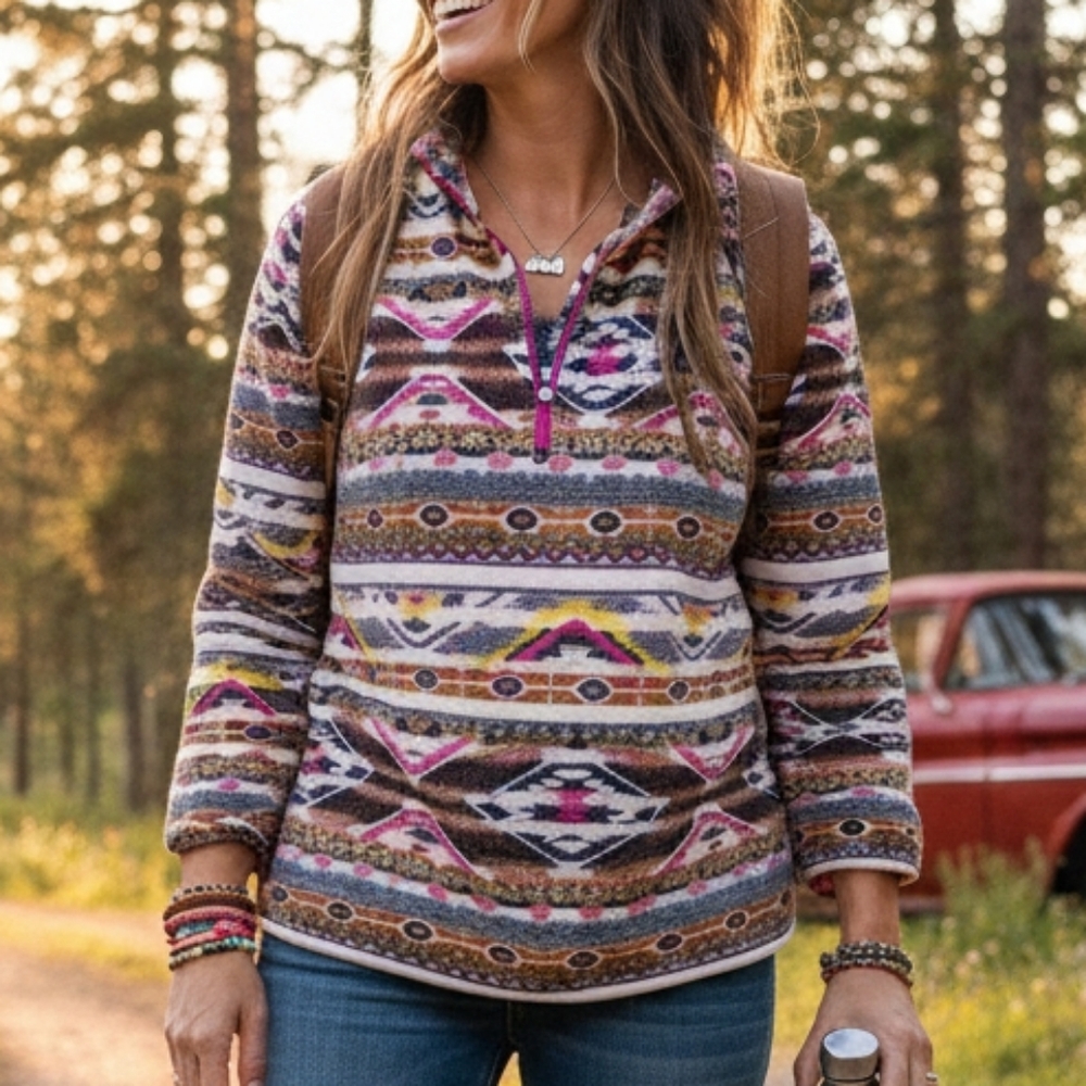 Eddie Bauer XS Quarter Zip Fleece Sweater Americana Southwestern Tribal Gorpcore